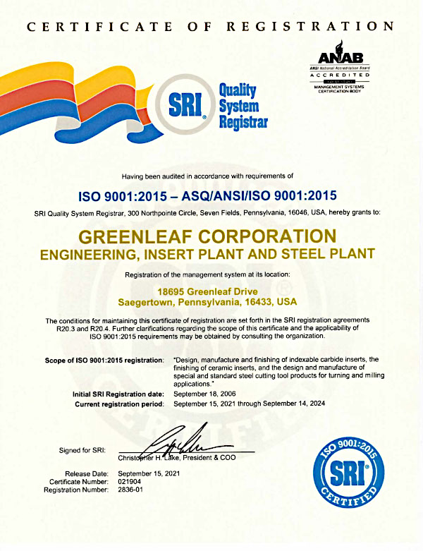 Greenleaf Corporation ISO 9001 Certificate